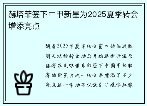 赫塔菲签下中甲新星为2025夏季转会增添亮点 赫塔菲签下中甲新星为2025夏季转会增添亮点
